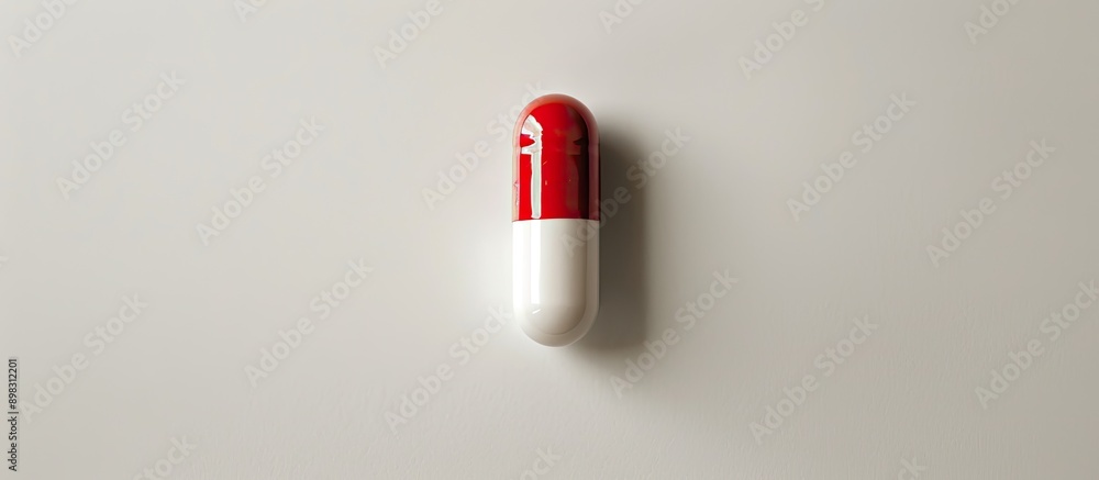 Poster A detailed shot of a red and white pill on a blank white surface with ample copy space image surrounding it