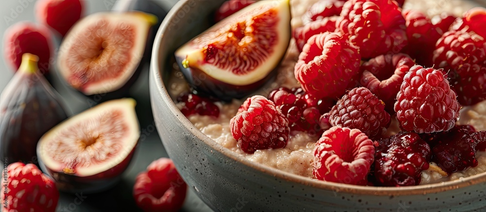 Poster a bowl with oatmeal porridge topped with fresh raspberries and figs set against a plain background f