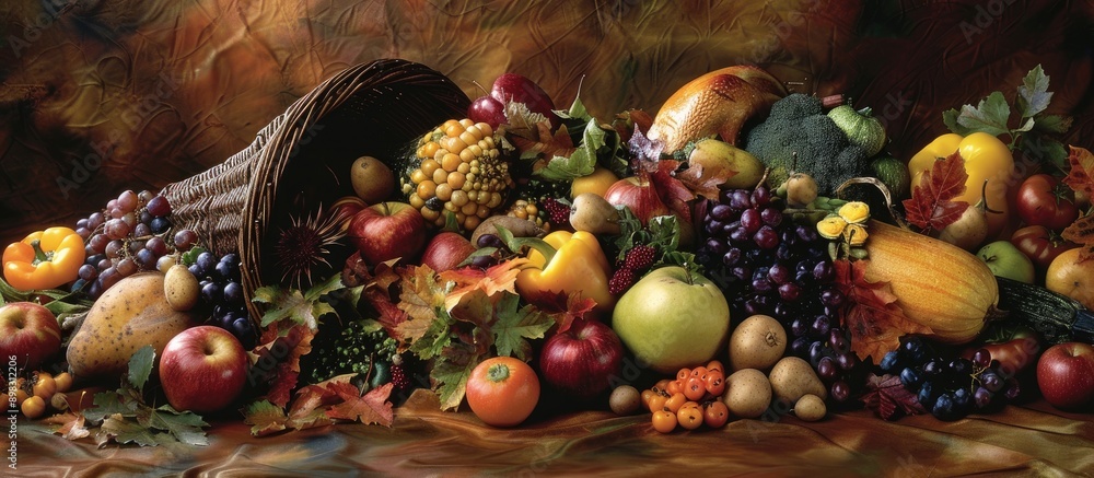 Poster Autumn s bounty displayed in a fall harvest cornucopia with an array of fruits and vegetables creating a picturesque arrangement in a copy space image