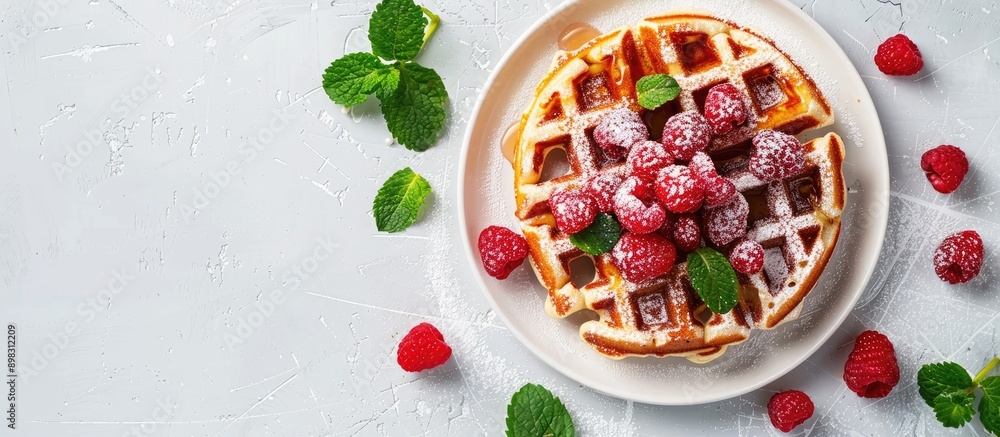 Leinwandbilder a delicious belgian waffle topped with raspberries sugar and mint on a white table seen from above t