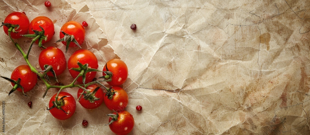 Poster close up image of fresh cherry tomatoes on a vintage paper background with ample copy space image