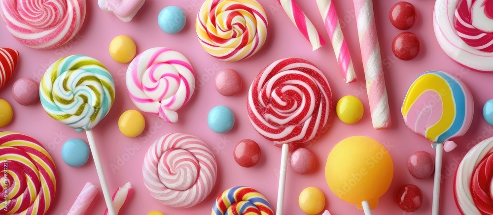 Poster Colorful lollipops and candies arranged in a top view composition perfect for adding your message in the copy space image