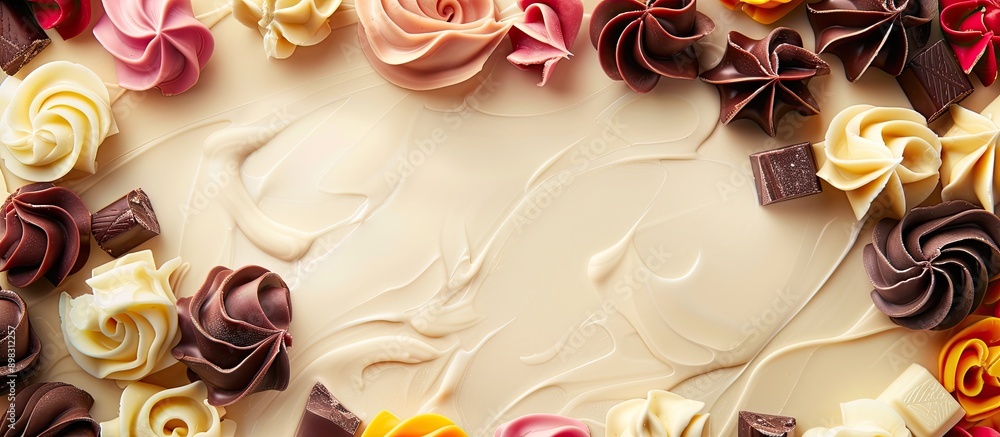 Poster colorful background with a frame crafted from delicate chocolate curls providing copy space image