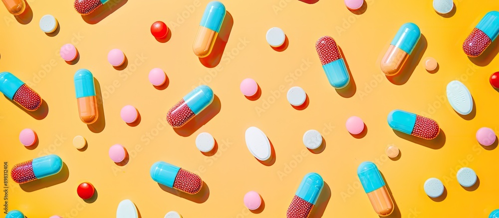 Poster Colorful pills and capsules arranged in a pattern against a bright backdrop with ample copy space image