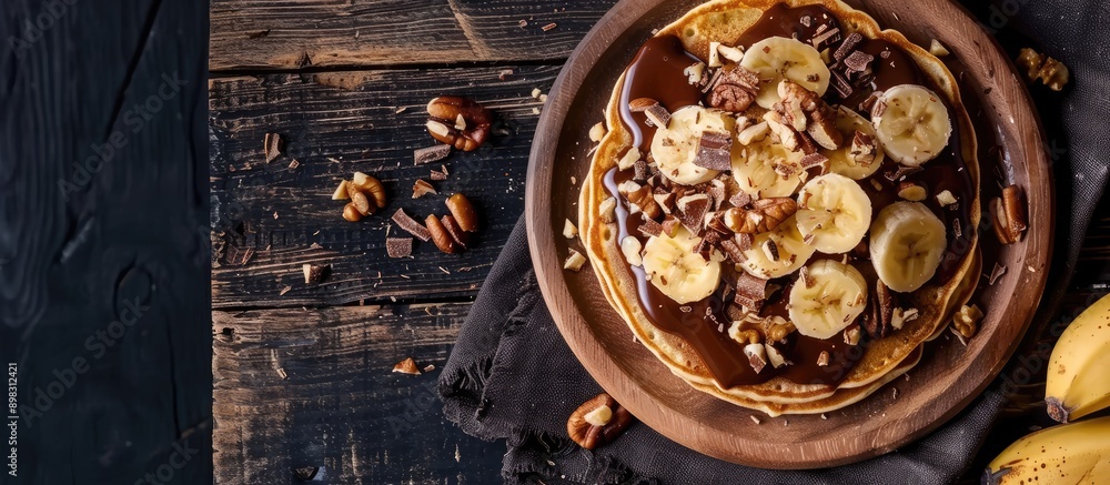 Poster delicious thin pancakes with chocolate paste sliced banana and nuts on a black wooden background set