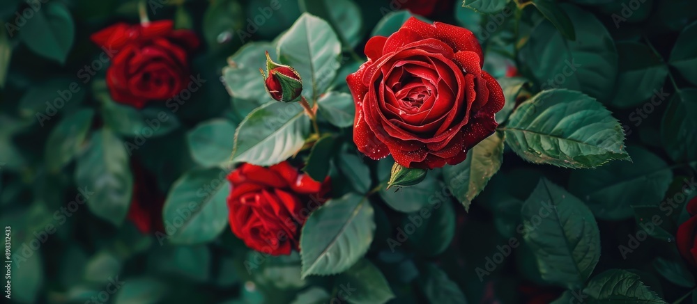 Poster blooming garden roses with a spotted red bud set against a green foliage background providing a visu