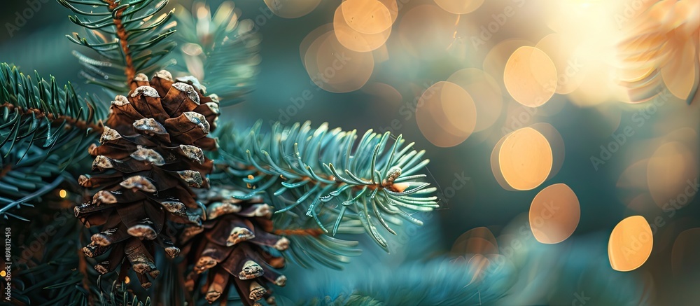 Poster Close up of a pine branch and cone on a blurry backdrop with copy space image available