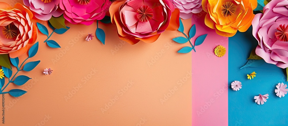 Aufkleber colorful background showcasing handmade paper flowers and empty poster for copy space image
