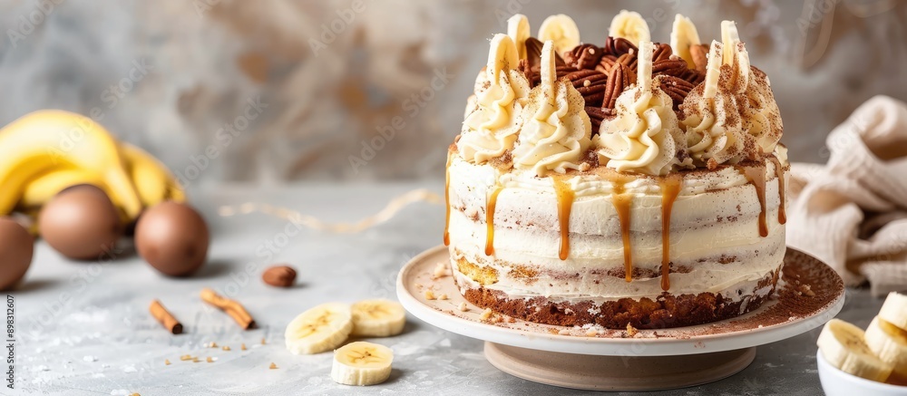 Poster Banana cake displayed on the table with copy space image