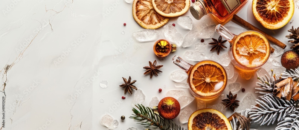 Poster christmas liqueur displayed beautifully on a white marble table in a flat lay composition with ample