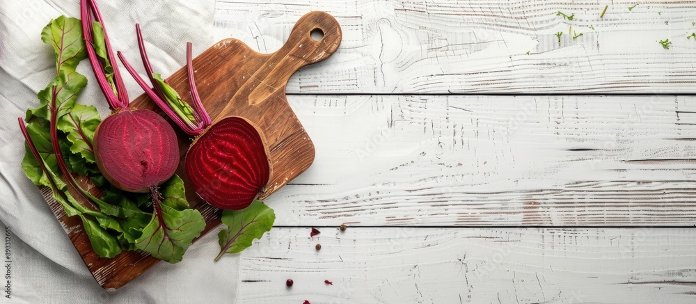 Poster Beetroot on a cutting board against a white wood background with space for text or image. Creative banner. Copyspace image