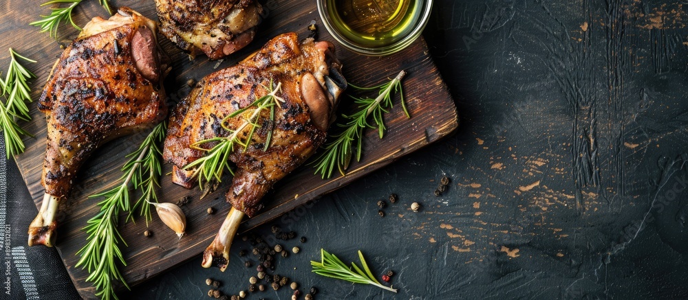 Poster closeup image of duck legs seasoned with rosemary spices and olive oil on a cutting board with a dar