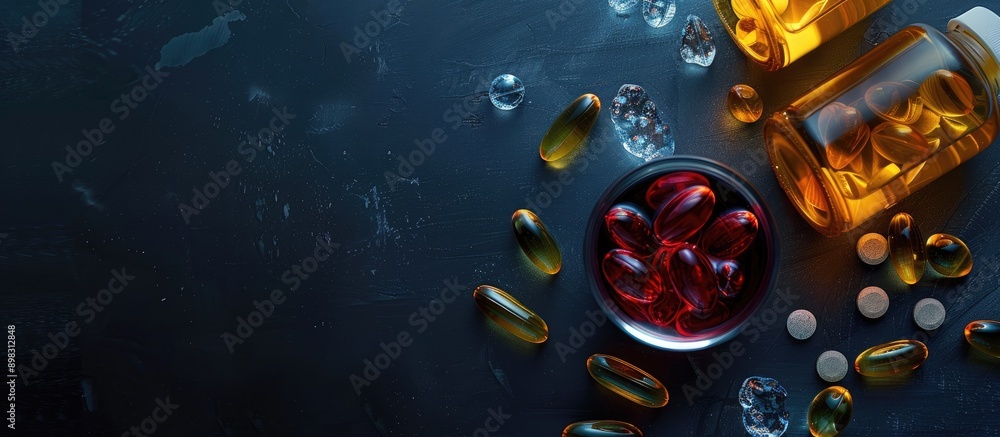Poster dark table displays medical tablets and gelatin capsules with omega offering copy space image opport