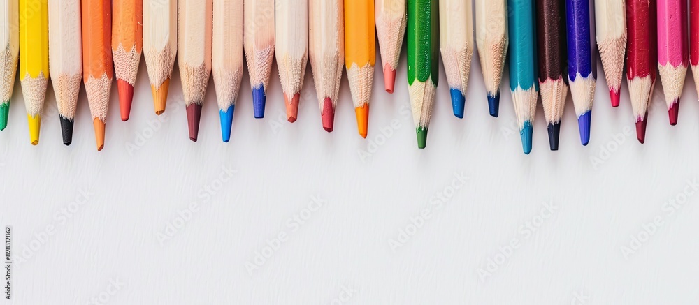 Poster color pencils stand out on a white backdrop detailed in a close up shot with a very limited focus se