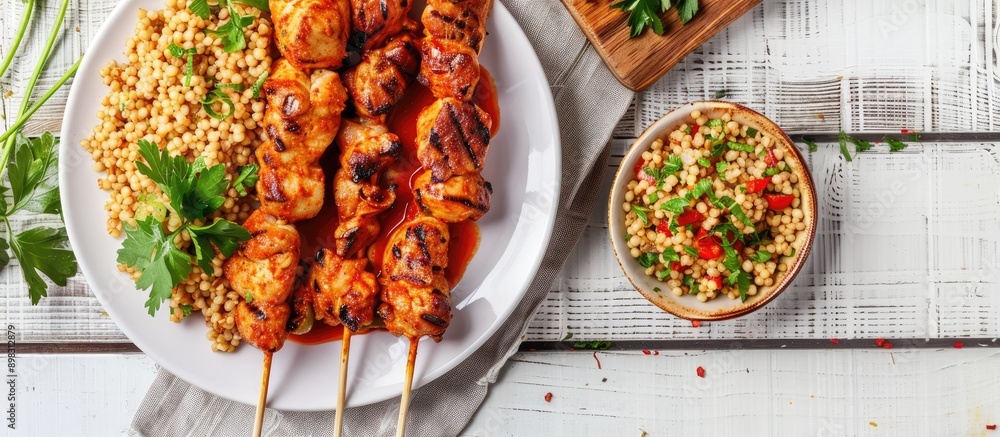 Aufkleber Angle view of a fried chicken shish kebab displayed on a white plate with a rustic serving board accompanied by spicy tomato sauce herbs onion bulgur and a grilled hot green pepper on a white wooden