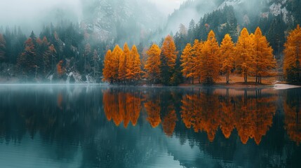  A forested clearing with a tree-lined pond and foggy backdrop sky