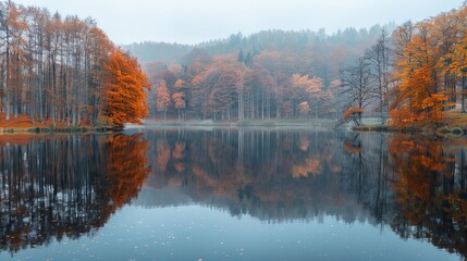 Obraz premium A body of water surrounded by trees with orange and yellow leaves In the foreground, a separate body of water