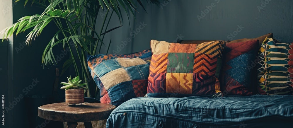 Poster A dark apartment interior featuring patterned cushions resting on a sofa beside a wooden table with a plant against a white background Displayed in a real photo with copy space image