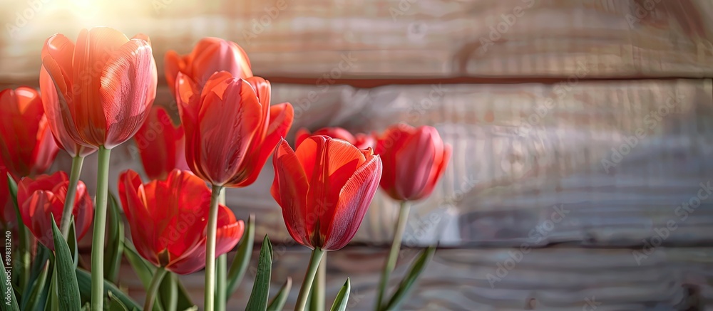 Aufkleber close up image of red tulip flowers in a garden setting against a wooden backdrop with copy space im