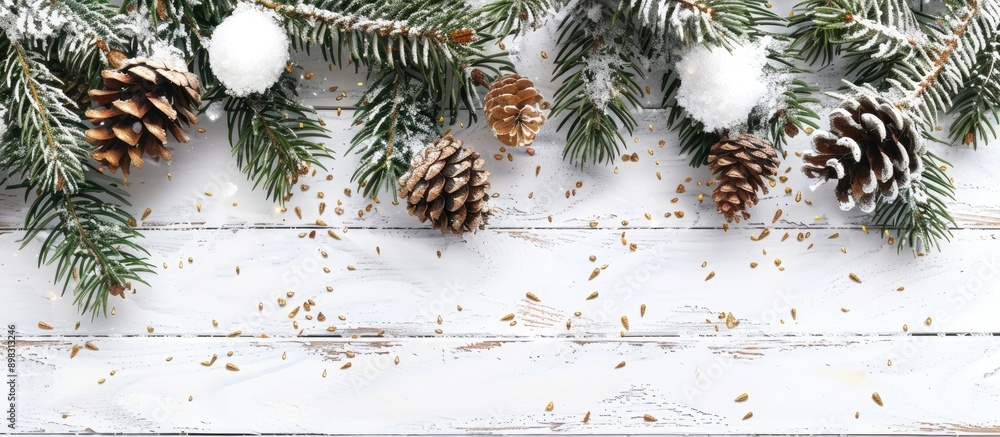 Poster christmas themed background featuring snow fir branches cones against a white wooden backdrop with c
