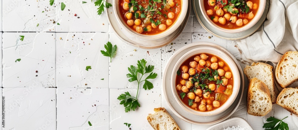 Aufkleber Flat lay image featuring delicious chickpea soup in bowls with bread and parsley on a white tiled table offering space for text. Creative banner. Copyspace image