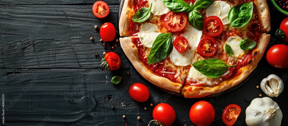 Poster delicious homemade italian margherita pizza displayed on a rustic black wooden table with fresh ingr