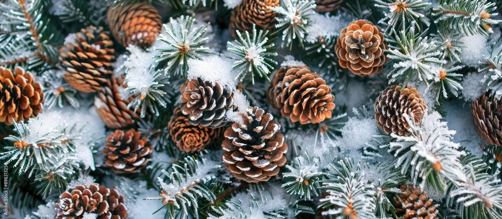 Aufkleber top down view of a christmas tree adorned with pine cones and twigs covered in snow providing an ide