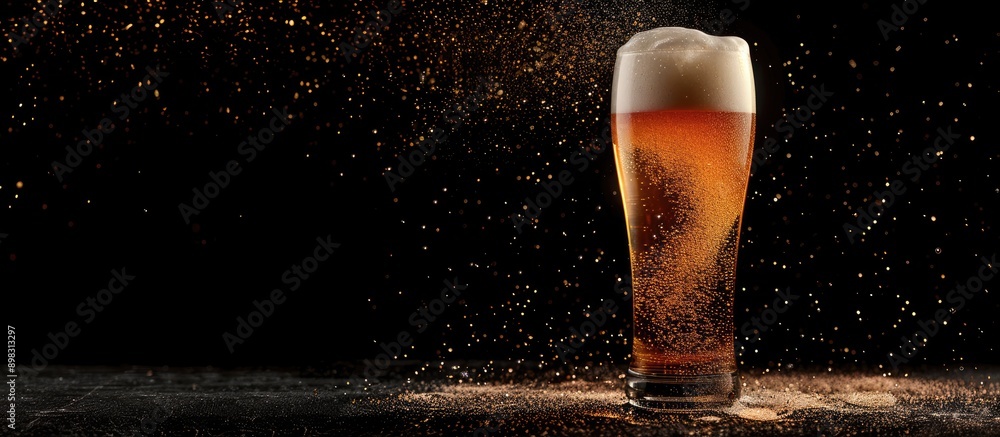Poster Closeup image of a beer glass overflowing with frothy bubbles on a black background suitable for a brewery commercial with copy space image