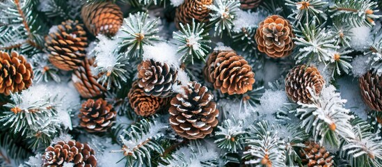 Obraz premium Top down view of a Christmas tree adorned with pine cones and twigs covered in snow providing an ideal copy space image