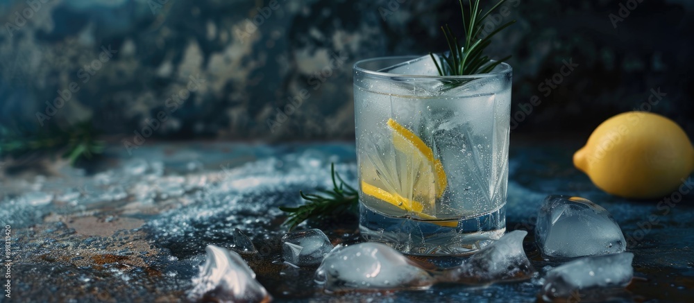 Poster Dark rustic style featuring a gin and tonic with ice lemon zest and rosemary ideal for a drink concept with ample copy space image
