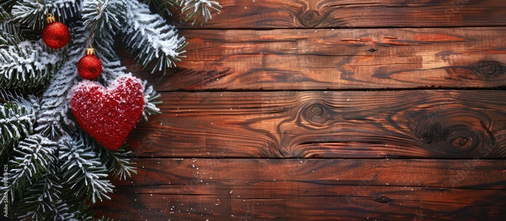 Poster top view of a christmas tree branch covered in snow adorned with a heart ornament placed on a wooden