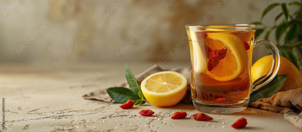 Poster close up of a glass cup of refreshing goji tea with lemon on a beige table featuring a copy space im