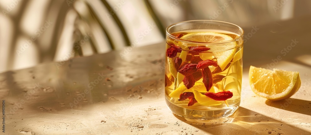 Poster close up of a glass cup of refreshing goji tea with lemon on a beige table featuring a copy space im