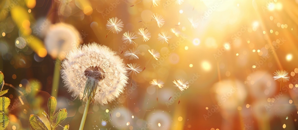 Poster Close up copy space image of a dandelion with seeds in a garden