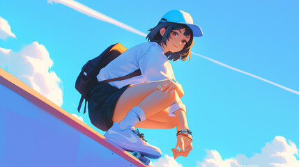 Japanese anime-style skater woman striking a rap pose while relaxing outdoors.