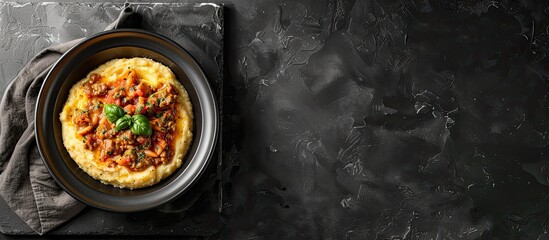 An aerial perspective of a classic dish of Polenta with bolognese ragu soup displayed on a blackboard with copy space image