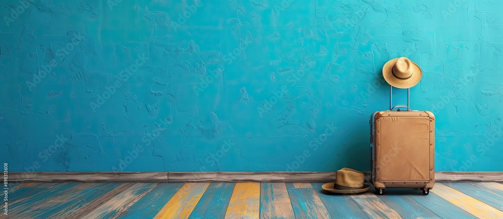 Poster blue wall background with a suitcase and hat providing copy space image