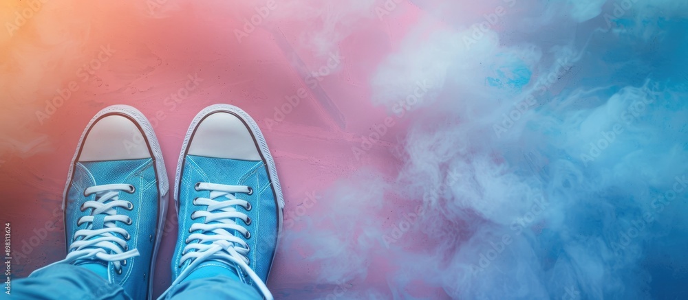 Poster Top down view of blue sneakers on a colorful background with clouds creating a scenic copy space image