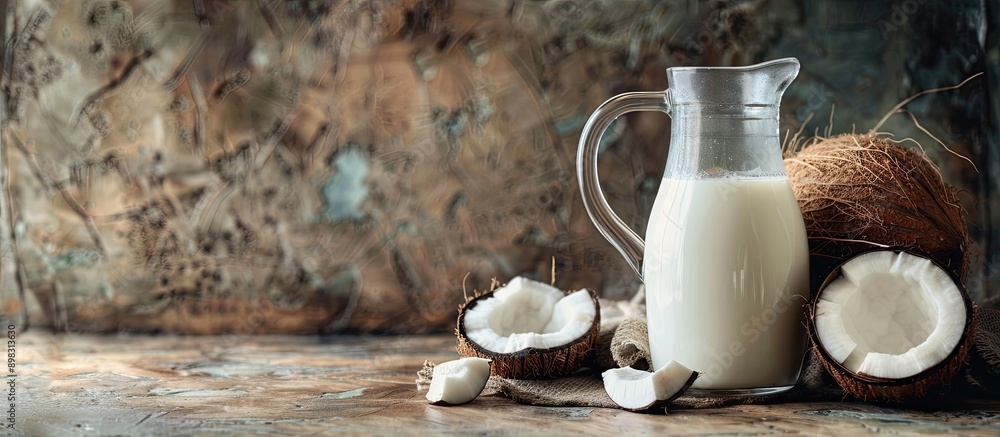 Poster coconut milk in a glass jug next to a coconut with a blank space for text or image. creative banner.
