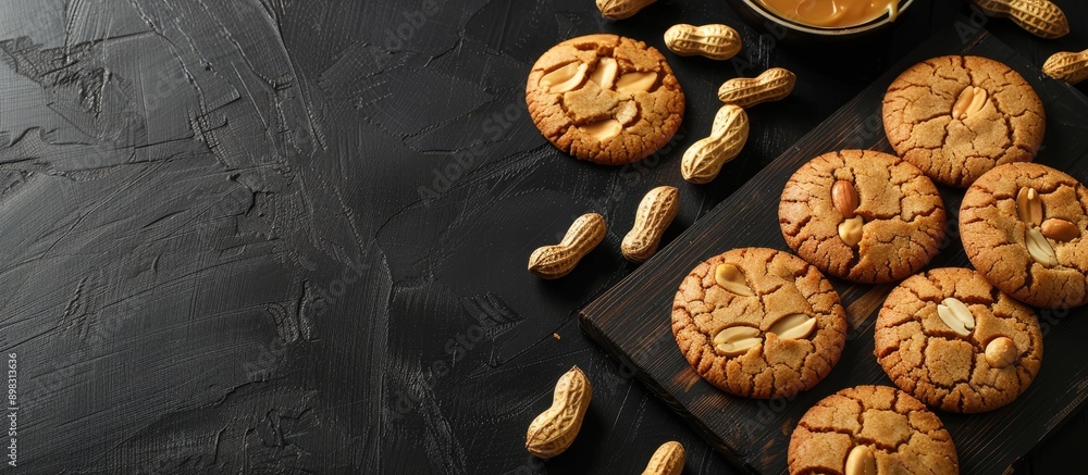 Leinwandbilder black background for displaying a board of delicious peanut cookies and butter with copy space image