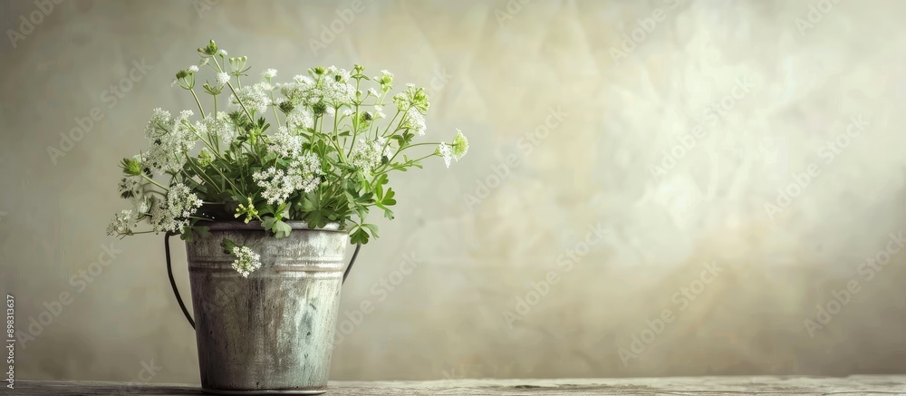 Poster copy space image clover wild flowers in a charming bucket against a soft background creating a lovel