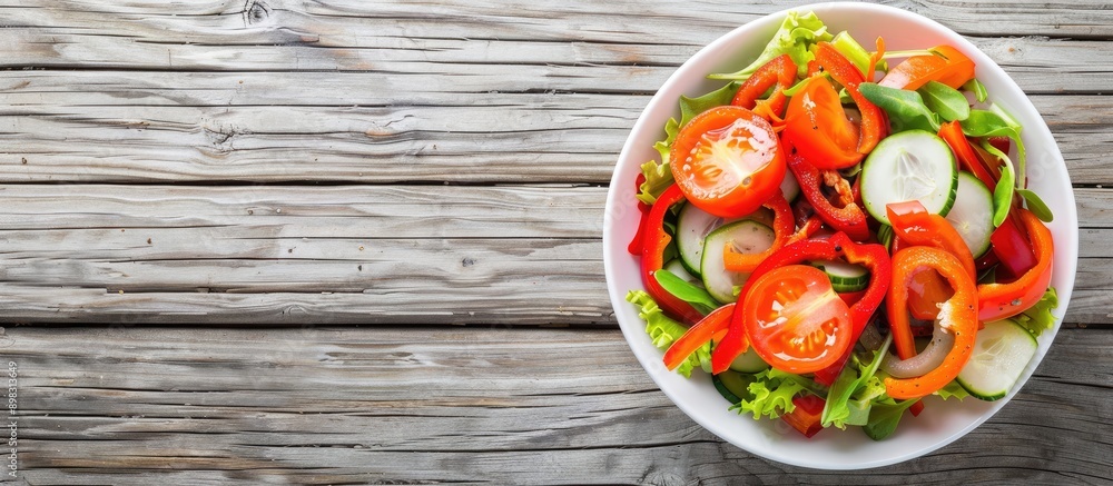 Poster colorful vegetables in a white bowl on a wooden table a healthy and appetizing ready to eat meal top