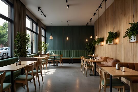 Interior of cozy restaurant. Contemporary design in loft style, modern dining place and bar counter. Modern new empty restaurant interior