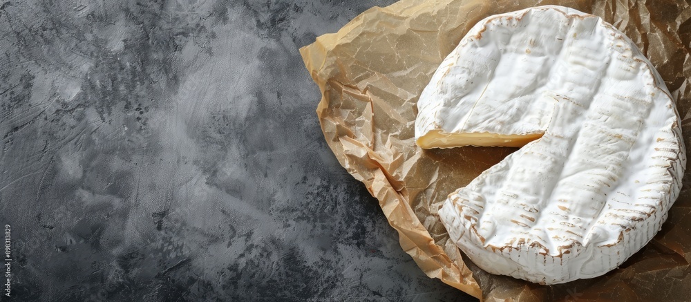 Poster Top view of Camembert cheese with white mold on parchment paper against a gray cement backdrop creating ample copy space image