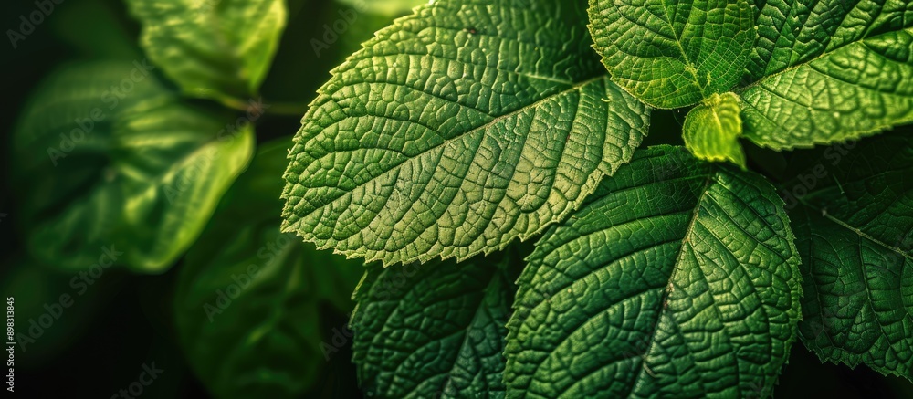 Poster a detailed shot showcasing a green leaf pattern ideal as a natural background with copy space image