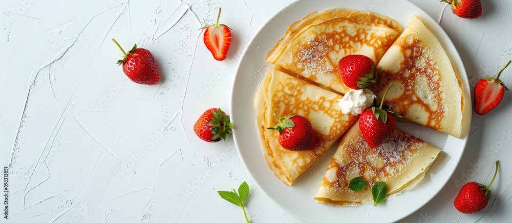 Poster top view of delicious crepes garnished with ricotta cheese and fresh strawberries showcased on a whi
