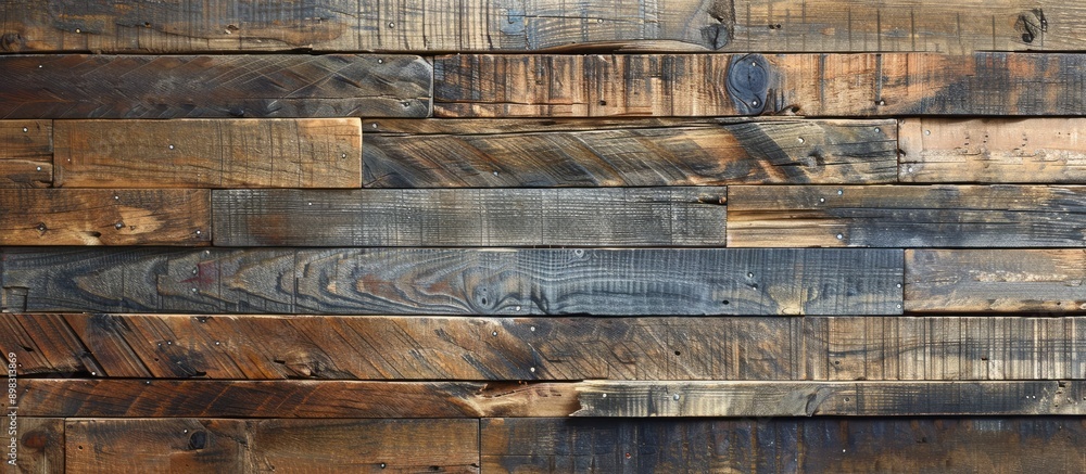 Poster Detailed close up of a wall panel constructed from wooden table planks displaying an abstract surface with copy space image