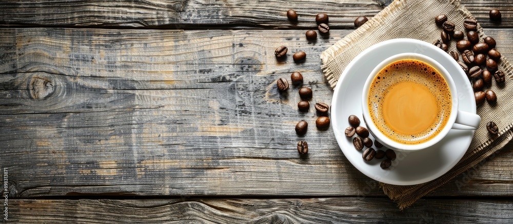 Poster top view of a cup of coffee with coffee beans on a rustic wooden table featuring a visually appealin