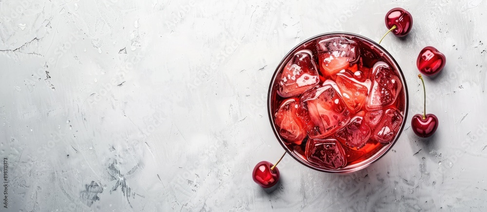 Poster Cherry cocktail with ice on a light surface seen from above featuring a spacious area for text or images copy space image
