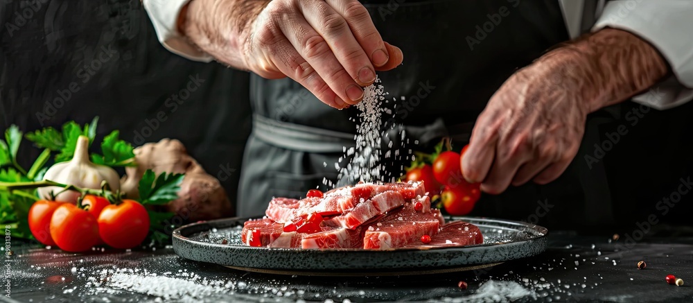 Poster A chef adds salt to sliced meat and vegetables on a plate before serving with the food preparation theme against a black background Copy space image